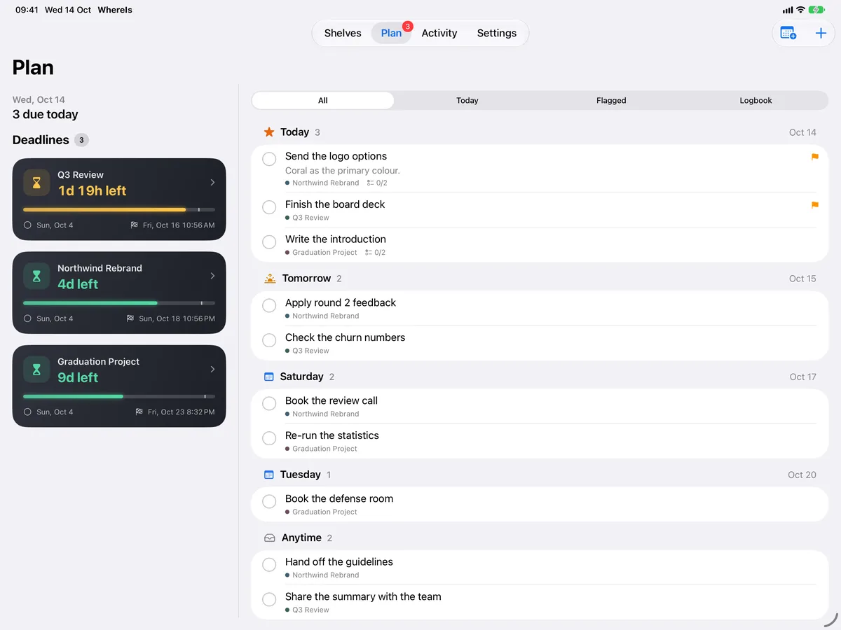 WhereIs on iPad: deadlines beside every open to-do