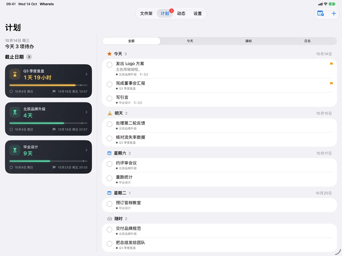 iPad 上的 WhereIs：截止日期与所有待办并排显示