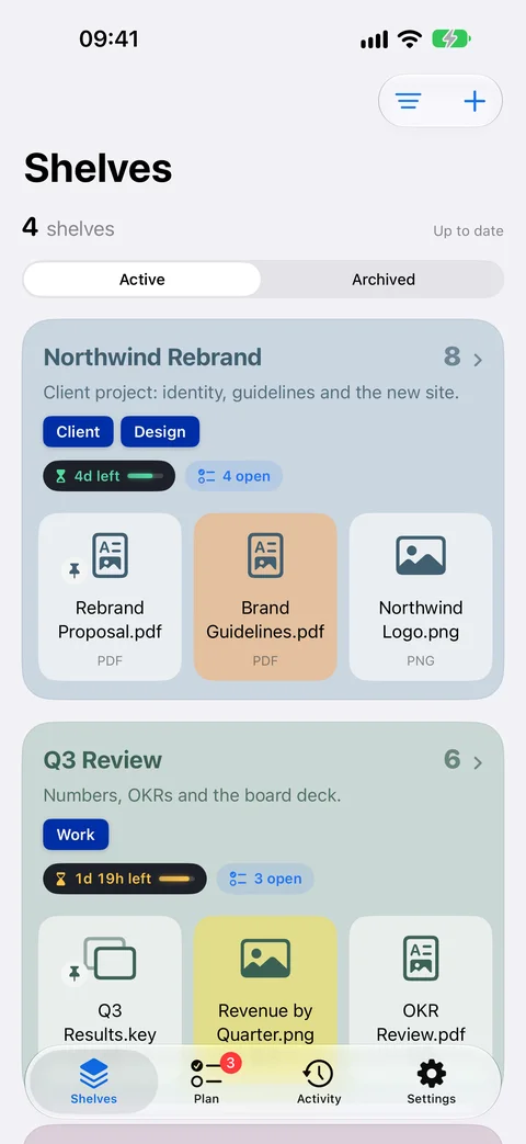 WhereIs on iPhone: shelves with deadlines, to-dos and tags