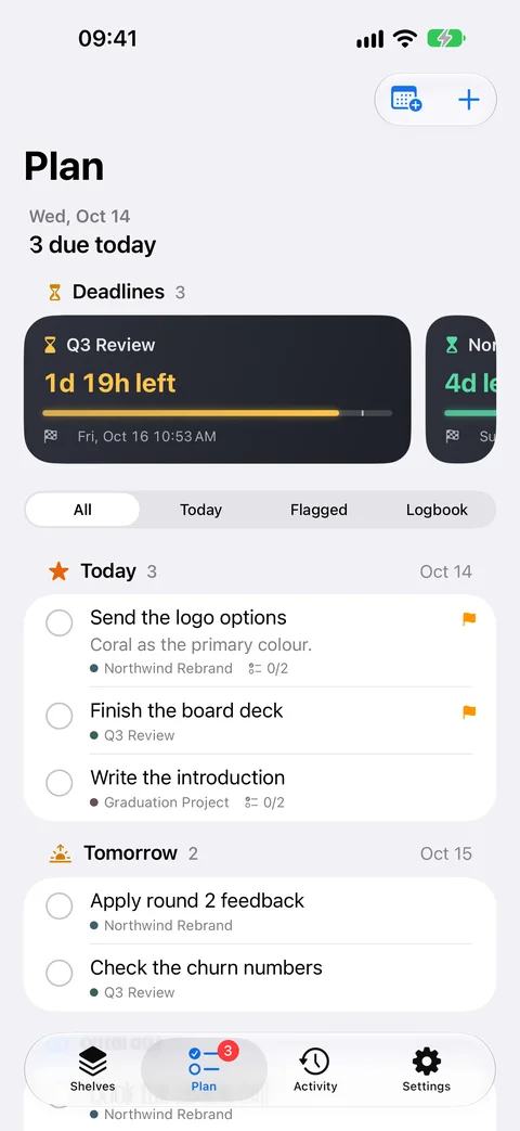 The Plan tab: deadlines and today’s to-dos from every shelf
