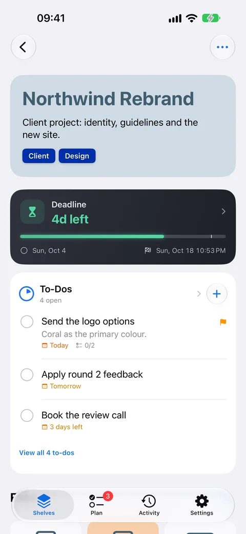 A shelf on iPhone with its deadline, to-dos and files